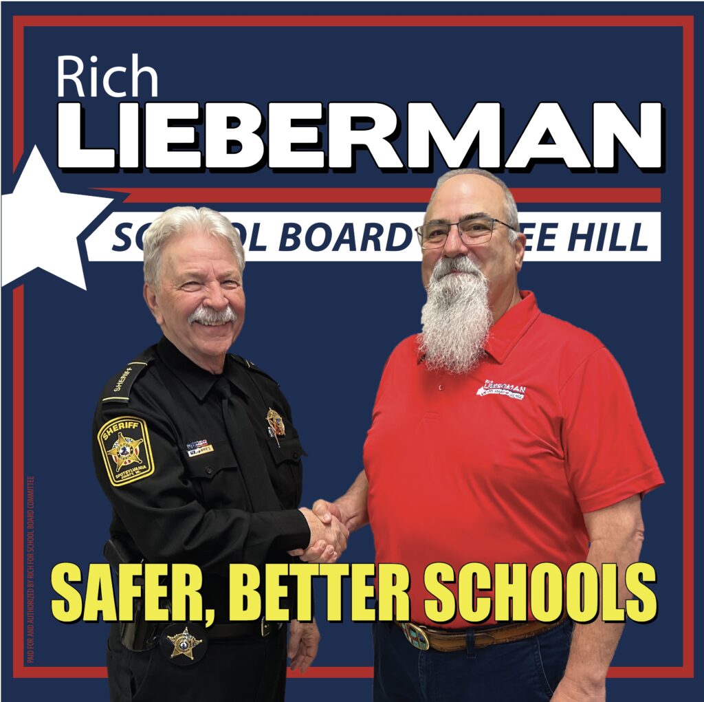 Sheriff Harris and Rich shaking hands with the words Safer, Better Schools